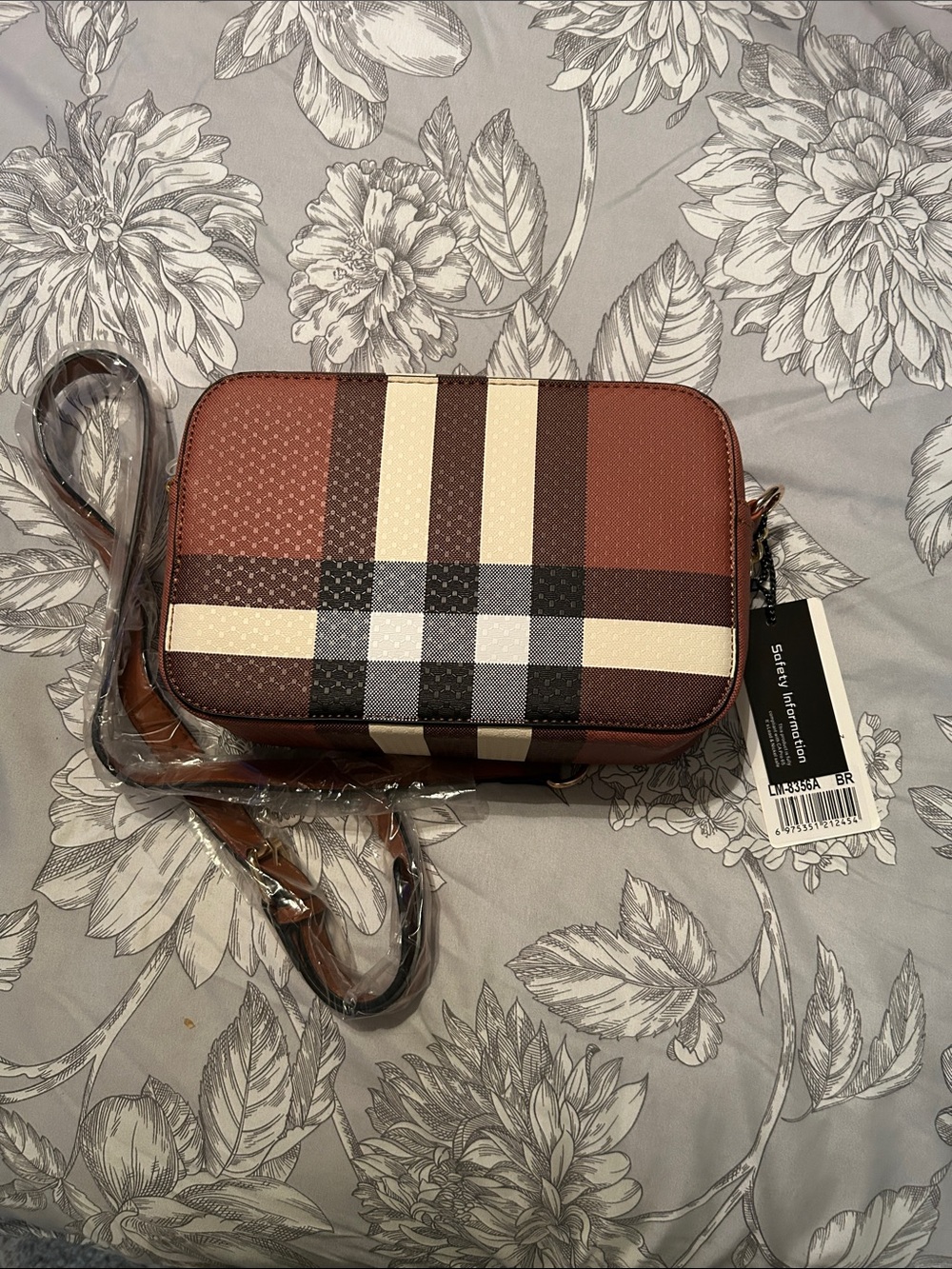 Brown Crossbody Bag with Plaid Accent